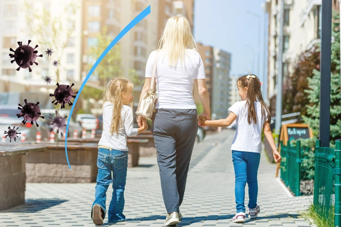 Illustration of children walking with mother, shielded from pathogens. The amazing mineral zeolite boosts your immune system.