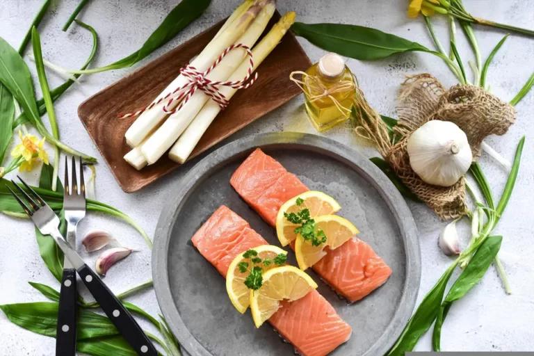 Salmon in plate with vegetables