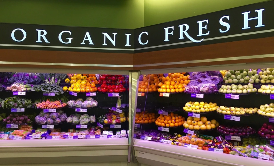 Image of Organic Fresh foods stand in supermarket