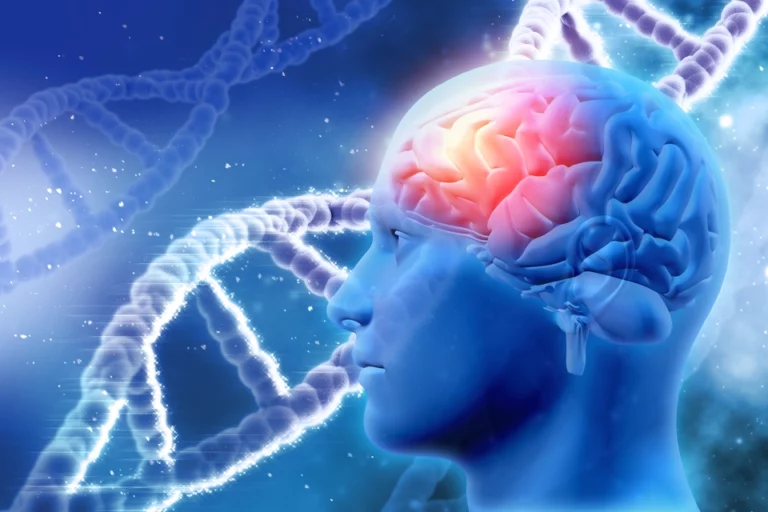 Illustration of an illuminated brain with a DNA spiral in the background