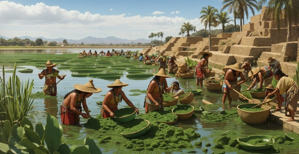 illustration of the Aztecs harvesting spirulina from Lake Texcoco.