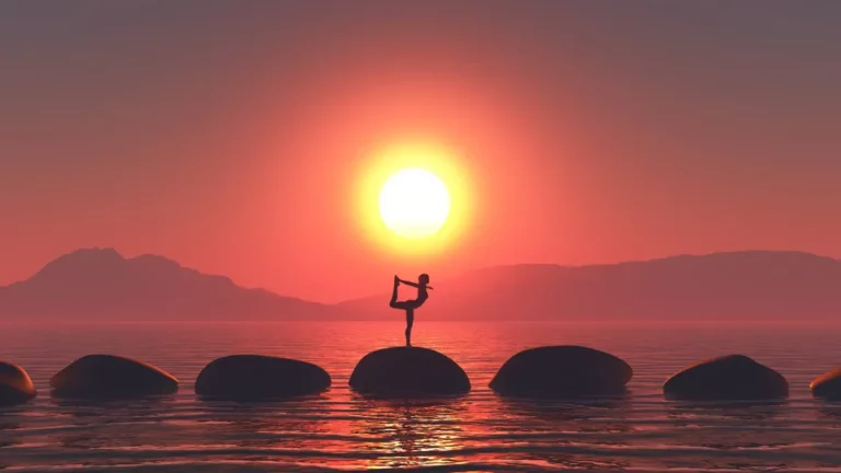 Woman in a Yoga pose in a serene landscape of nature