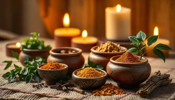 A collection of Ayurvedic herbs and spices, such as ashwagandha, turmeric, and triphala, displayed in small bowls or jars. Ayurvedic herbs are vital for a balanced life.