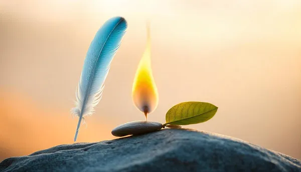 An image depicting the symbolic representations of the three doshas: a light blue feather for Vata, a light orange flame for Pitta, and a light green leaf for Kapha.